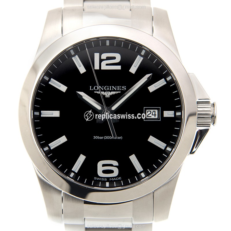 Luxurious Black Dial Conquest Replica Watch by Longines | Stainless Steel Case, Quartz Movement