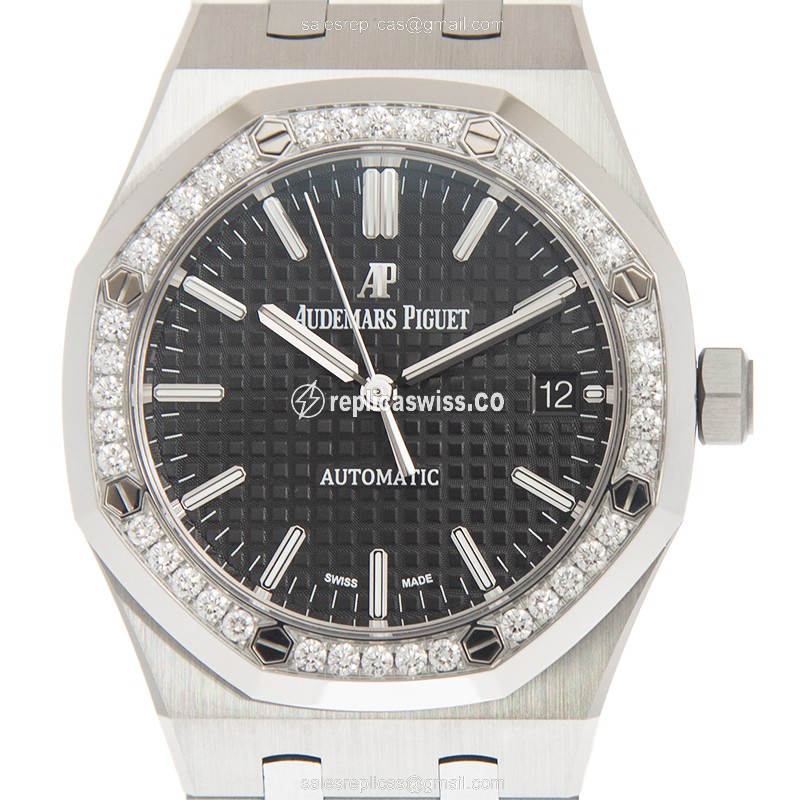 Luxurious Black Dial Steel Case ROYAL OAK Replica with Automatic Movement Sparkling Diamonds