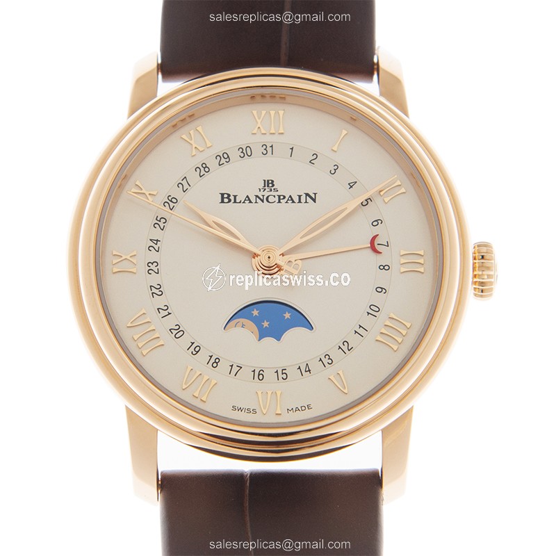 Luxurious Blancpain 6126-3642-55A Replica in 18kt Gold, Automatic Movement, White Dial & Brown