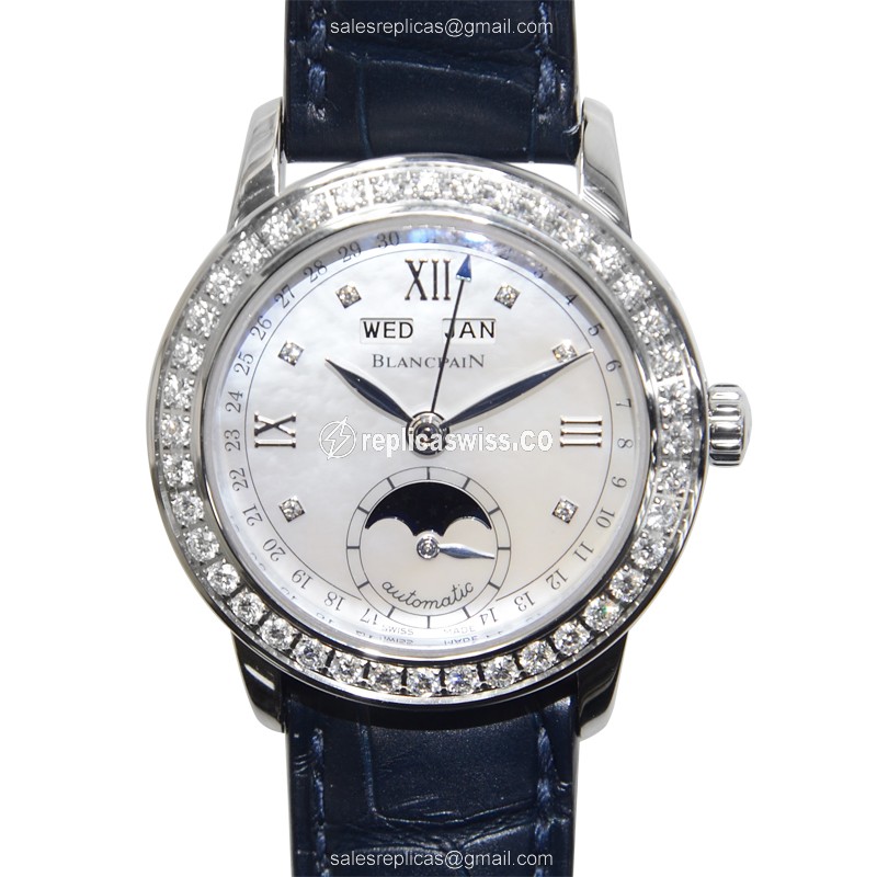 Luxurious Blancpain LEMAN Replica, White Diamond Dial, Automatic, Alligator Blue Strap Watch