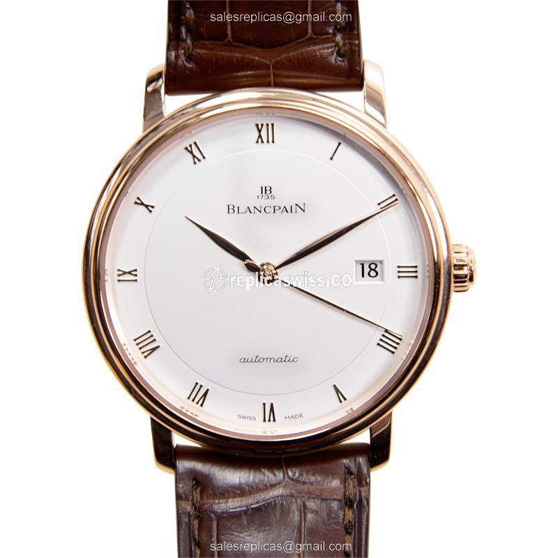 Luxurious Blancpain Villeret 6223-3642-55A Replica in 18kt Gold with White Dial Brown Alligator