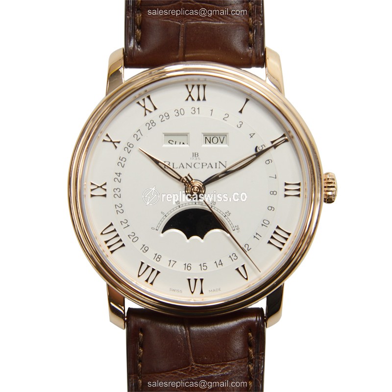 Luxurious Blancpain Villeret 6654-3642-55B Replica, Automatic, White Dial & 18kt Gold Case Watch