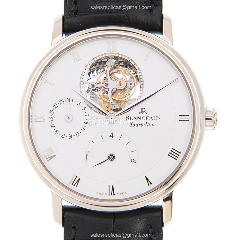 Luxurious Blancpain Villeret Automatic Replica, 18kt White Gold Case, White Dial, Black Alligator