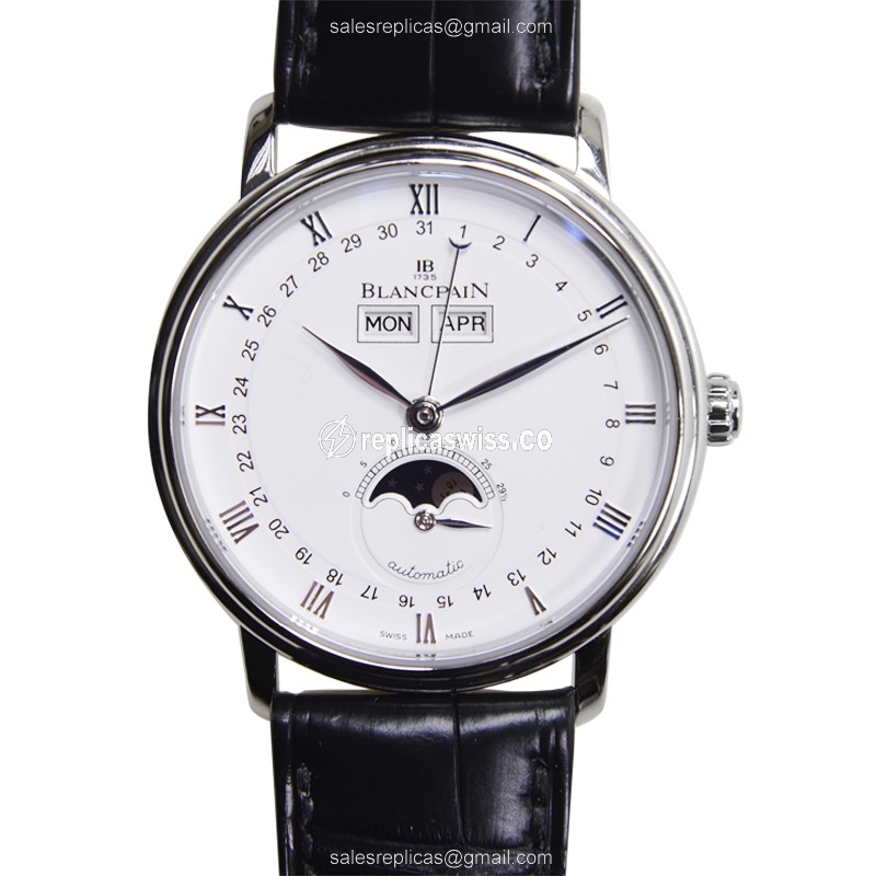 Luxurious Blancpain Villeret Automatic Replica in Stainless Steel & White Dial, Alligator Strap
