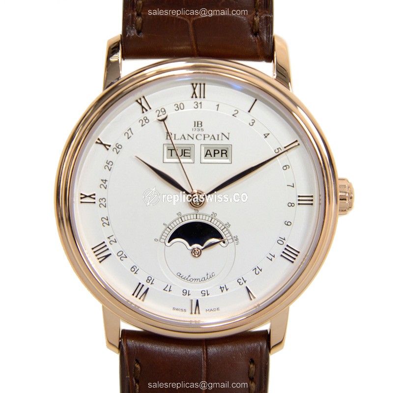 Luxurious Blancpain Villeret Replica in 18kt Rose Gold, Automatic Movement & White Dial Watch