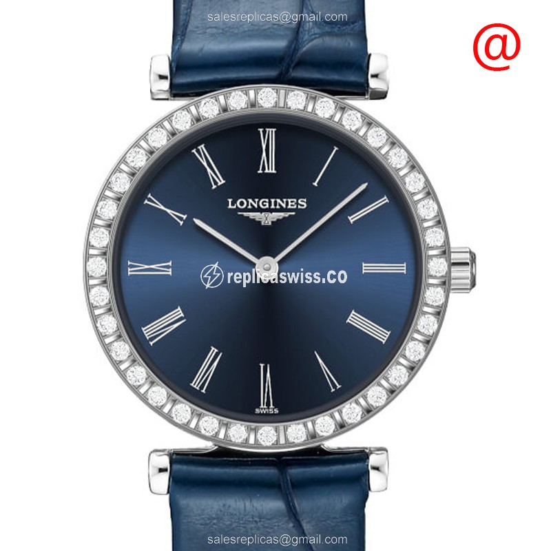 Luxurious Blue Dial Longines L4.341.0.94.2 Replica with Diamond Case & Alligator Strap Watch