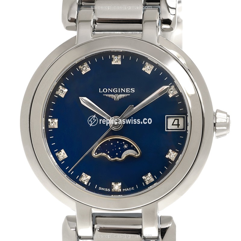 Luxurious Blue Dial Longines Prima Luna Replica, Precision Quartz Movement & Elegant Steel Case