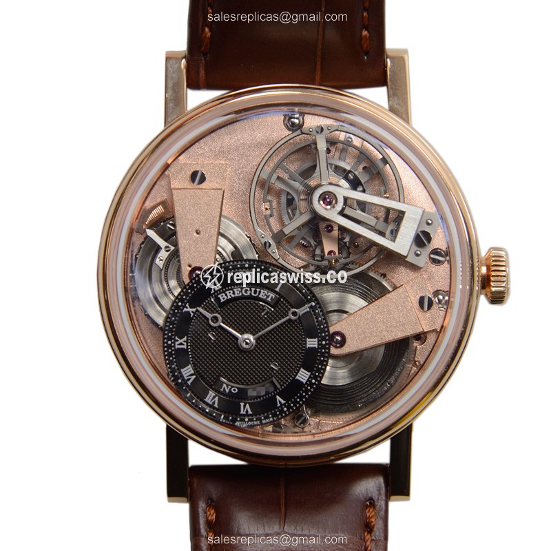 Luxurious Breguet Tradition 7047BR/R9/9ZU Replica in 18kt Gold with Black Dial & Brown Alligator
