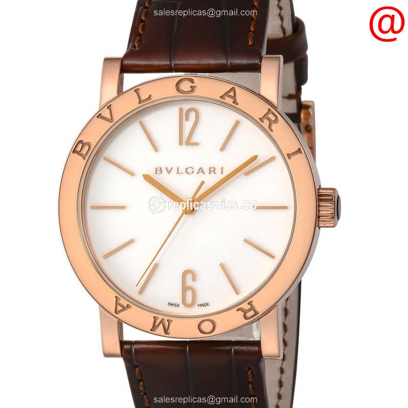 Luxurious Bulgari 102187 Automatic Gold Replica with White Dial Alligator Brown Strap Watch