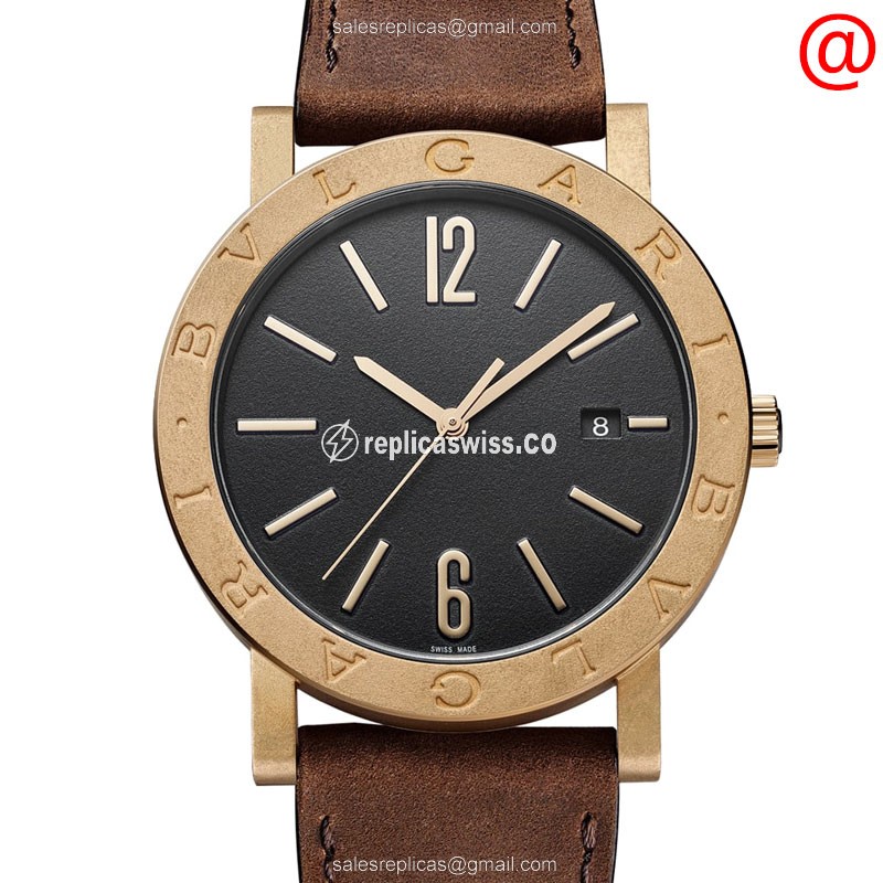 Luxurious Bulgari 102931 Automatic Bronze Replica with Black Dial Brown Leather Strap Watch
