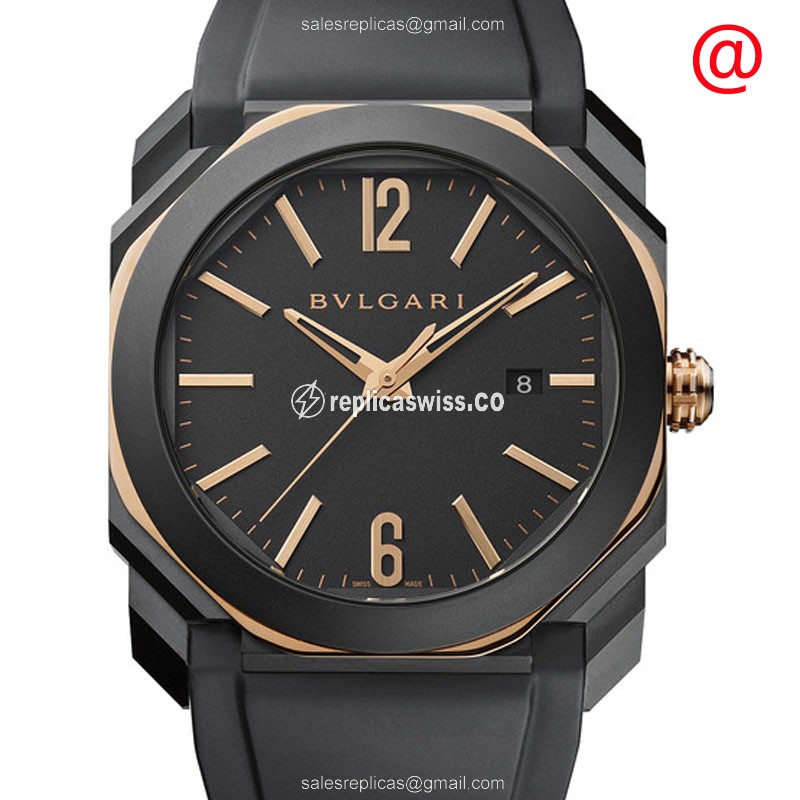 Luxurious Bulgari 103085 OCTO ROMA Automatic in 18kt Rose Gold, Black Ceramic Dial & Black Rubber