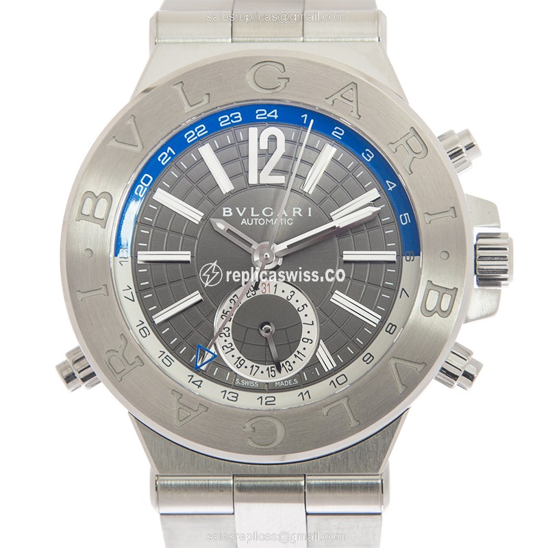 Luxurious Bulgari DG40C14SSDGMT Diagono Automatic Steel Replica, Gray Dial, Silver Clasp & Crystal