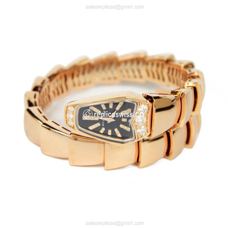 Luxurious Bulgari SPP26BGD1GD1T Serpenti Replica, 18kt Gold Case, Black Dial & Crystal Bezel Watch