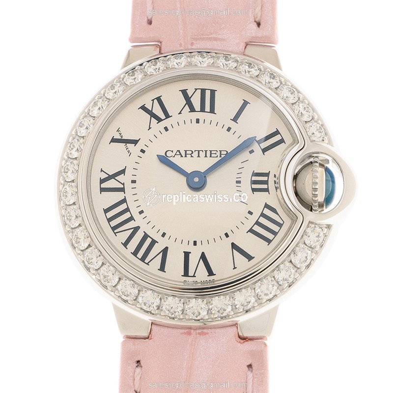 Luxurious Cartier Ballon Bleu Quartz Replica in 18kt White Gold, Silver Dial, Pink Alligator Strap