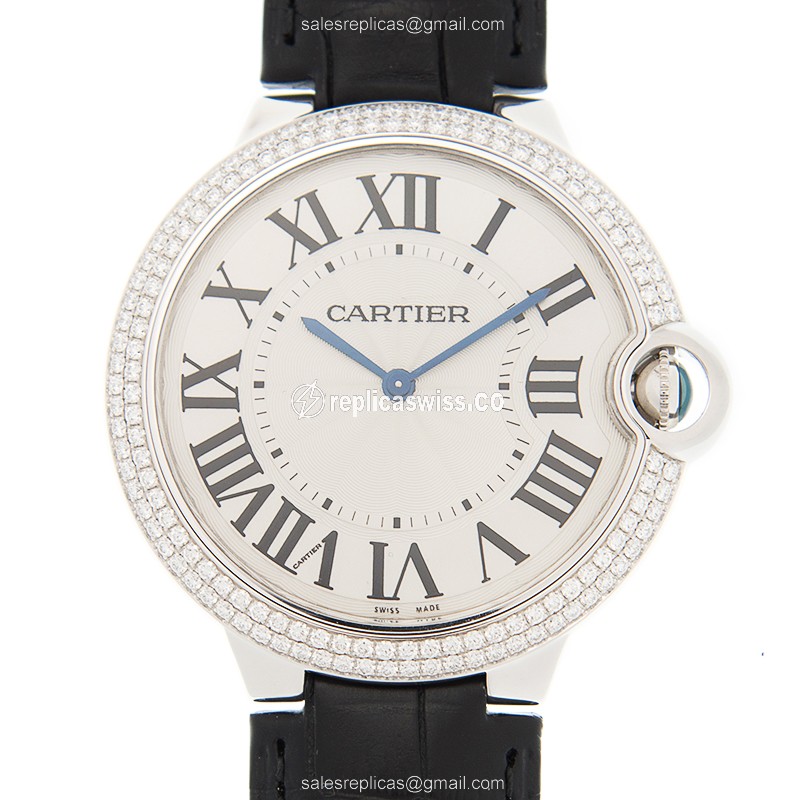 Luxurious Cartier Ballon Bleu Replica in 18kt White Gold, Silver Dial, Alligator Strap Watch