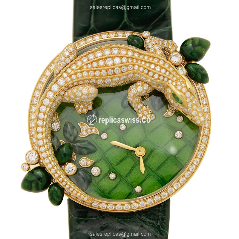 Luxurious Cartier Bestiaire HPI00714 Replica in 18kt Gold, Green Alligator Strap, Sapphire
