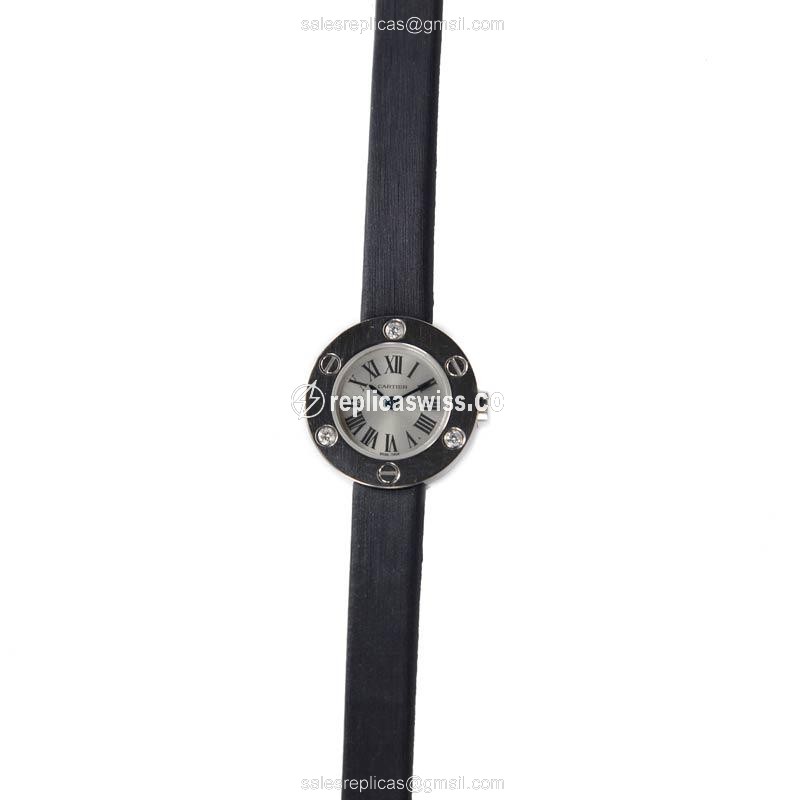 Luxurious Cartier LOVE Replica Watch in 18kt White Gold, White Dial, Satin Black Strap