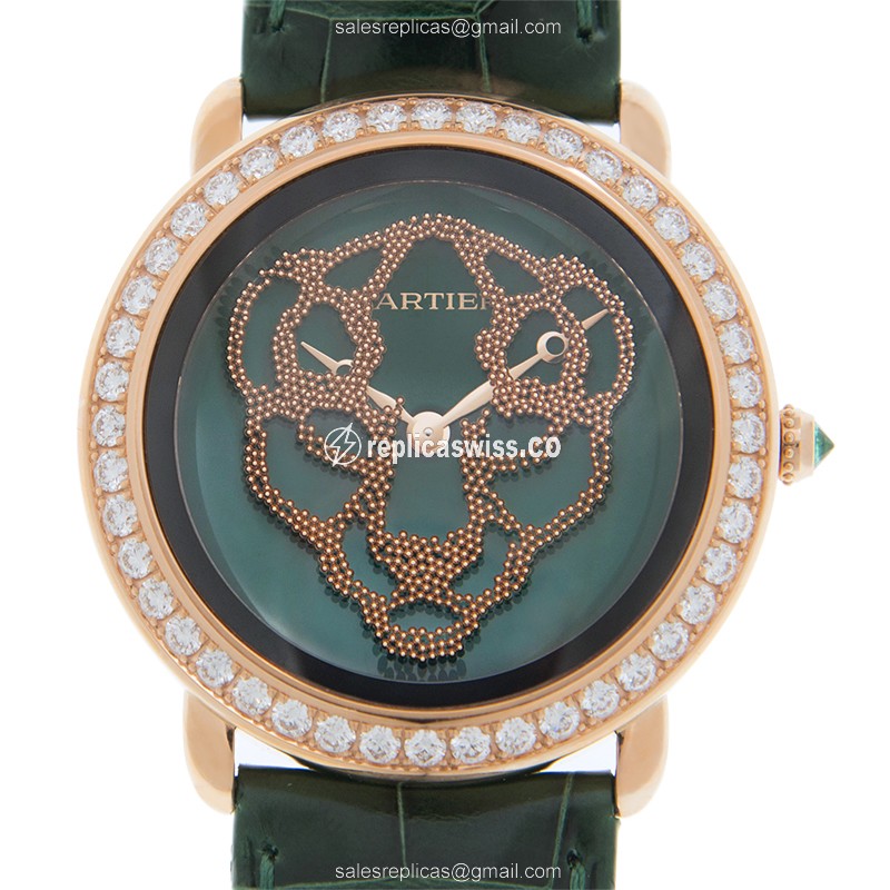Luxurious Cartier Panthere De Cartier Replica in 18kt Rose Gold & Green Dial, Manual Wind Movement