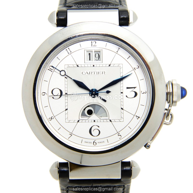 Luxurious Cartier Pasha De Cartier Replica, Automatic Movement, White Dial & Alligator Strap Watch