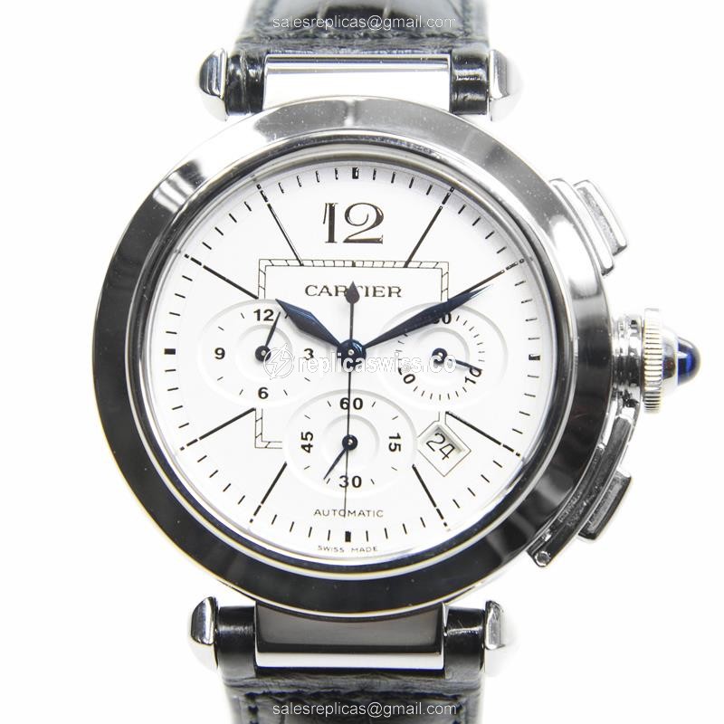 Luxurious Cartier Pasha De Cartier Replica, Automatic Movement, White Dial & Alligator Strap Watch