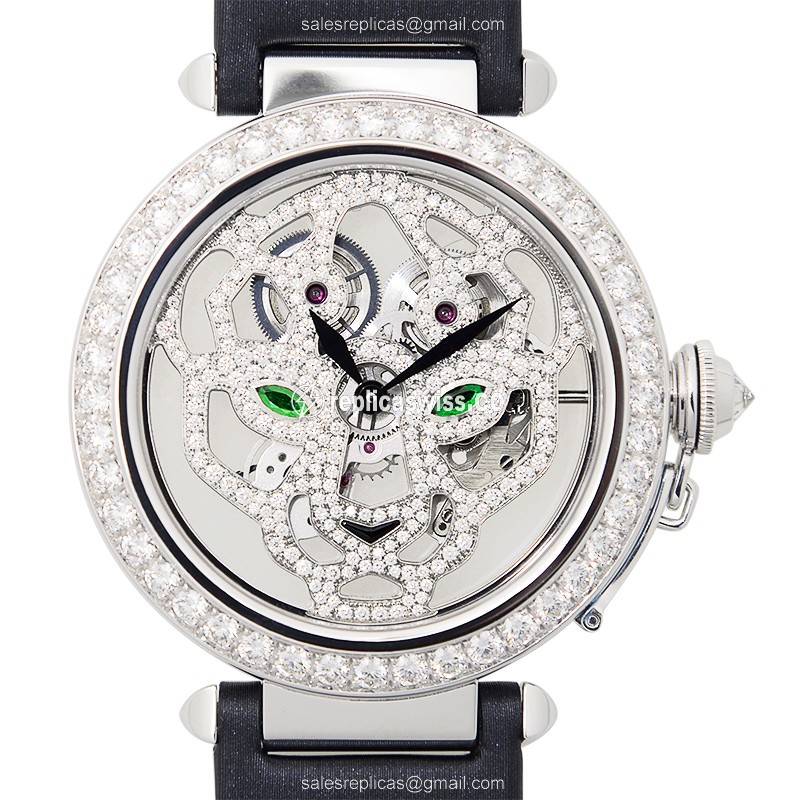 Luxurious Cartier Pasha De Cartier Replica in 18kt White Gold, Manual Wind, & Satin Black Strap