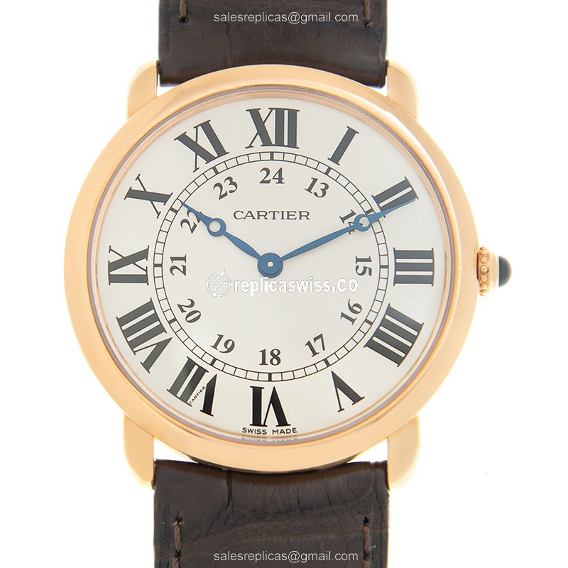 Luxurious Cartier RONDE LOUIS CARTIER Replica in 18kt Gold Case & White Dial Watch