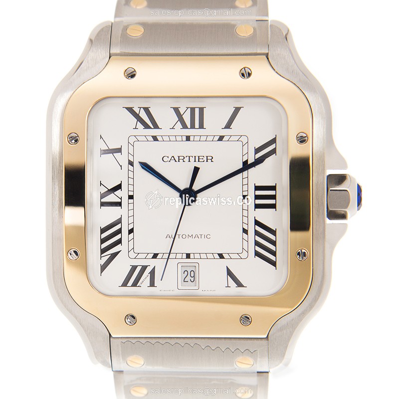 Luxurious Cartier Santos De Cartier Replica with Automatic Movement 18kt White Dial on Silver