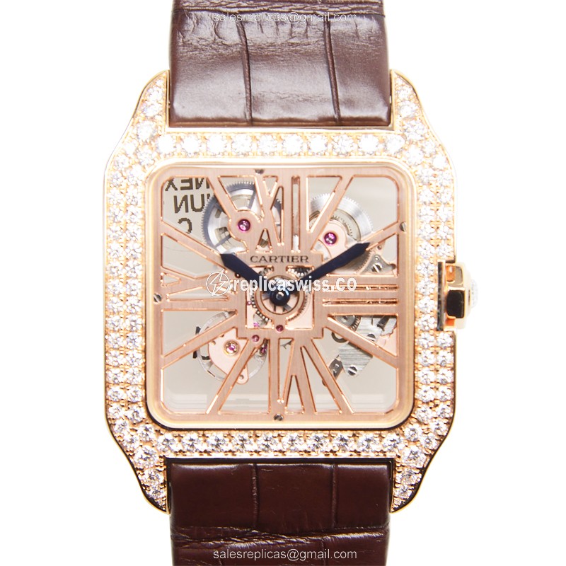 Luxurious Cartier Santos HPI00587 Replica with 18kt Rose Gold Case & Skull Dial, Brown Alligator
