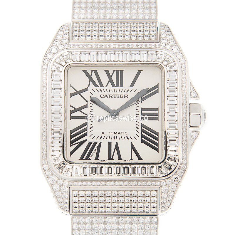 Luxurious Cartier Santos W20073X8-100XL Replica in 18kt White Gold & Diamond, Automatic Movement