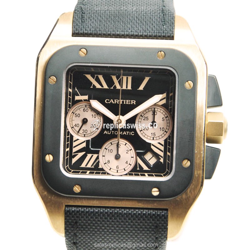 Luxurious Cartier Santos W2020003 Replica, Automatic Movement, Black Dial & Canvas Strap Watch