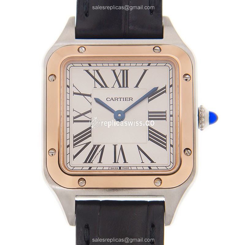 Luxurious Cartier Santos W2SA0012 Replica in 18kt Rose Gold & Steel, Silver Dial & Black Alligator