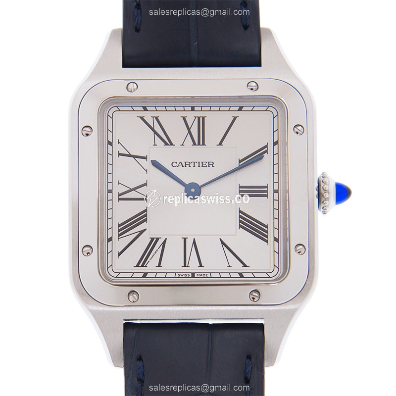 Luxurious Cartier Santos WSSA0022 Replica with Silver Dial & Blue Alligator Strap Watch