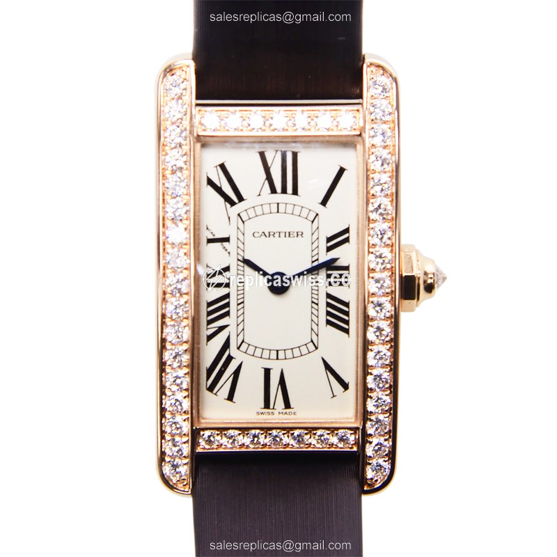 Luxurious Cartier Tank Quartz Replica in 18kt Rose Gold & White Dial, Exquisite Silk Strap Watch
