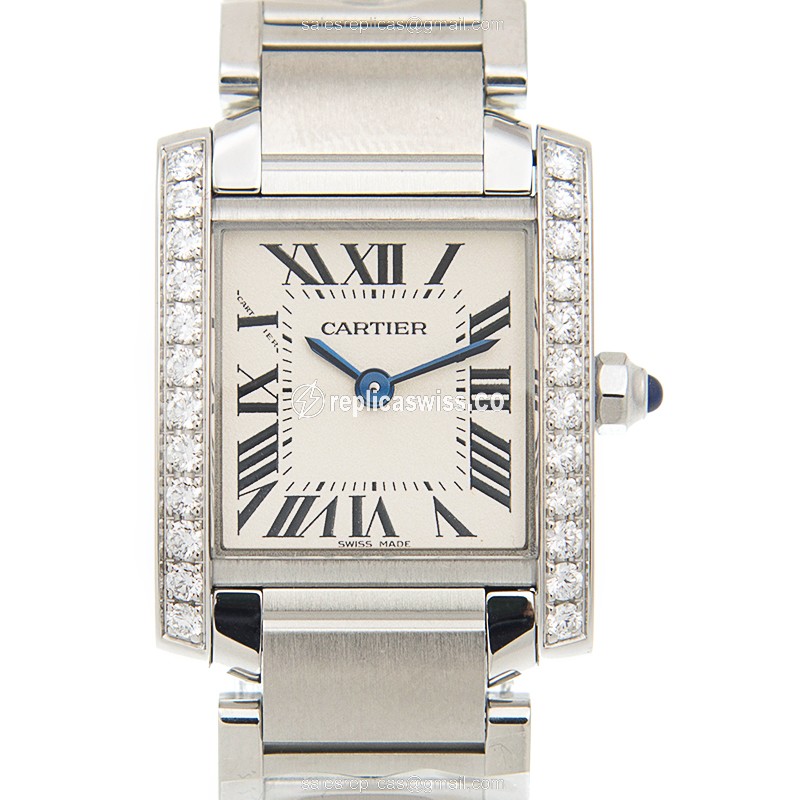 Luxurious Cartier TANK Replica in Stainless Steel, Silver Dial, & Sparkling Diamond Accents Watch