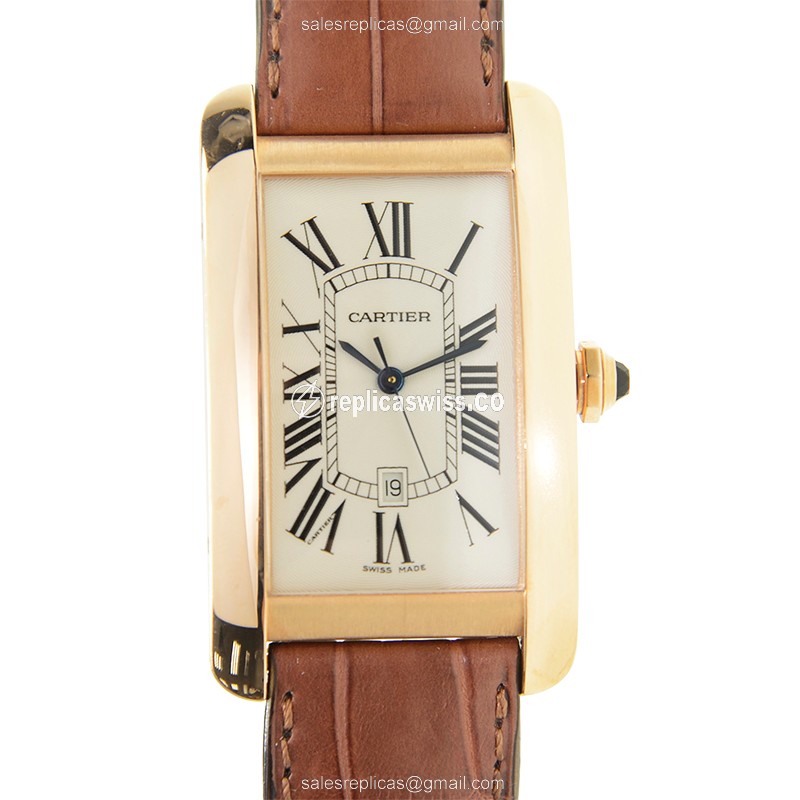 Luxurious Cartier Tank W2609156 Replica in 18kt Rose Gold with White Dial Alligator Brown Strap
