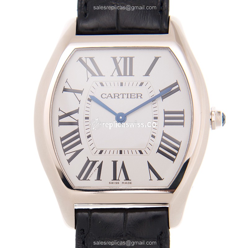Luxurious Cartier Tortue Automatic 18kt White Gold Replica with White Dial & Black Alligator Strap