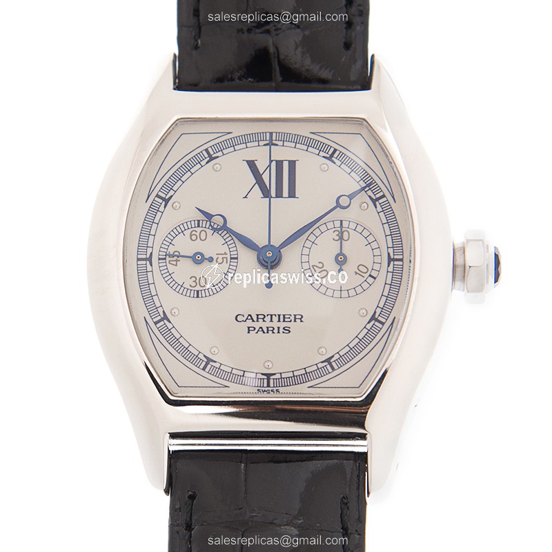 Luxurious Cartier Tortue Manual Wind Replica in 18kt Gold, Silver Dial, Alligator Strap Watch