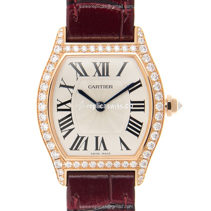 Luxurious Cartier Tortue Manual Wind Replica in 18kt Rose Gold, Sparkling Diamonds, Silver Dial