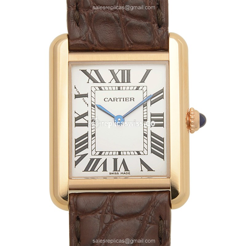 Luxurious Cartier W5200024 TANK Replica, White Dial, 18kt Rose Gold Case & Brown Alligator Strap