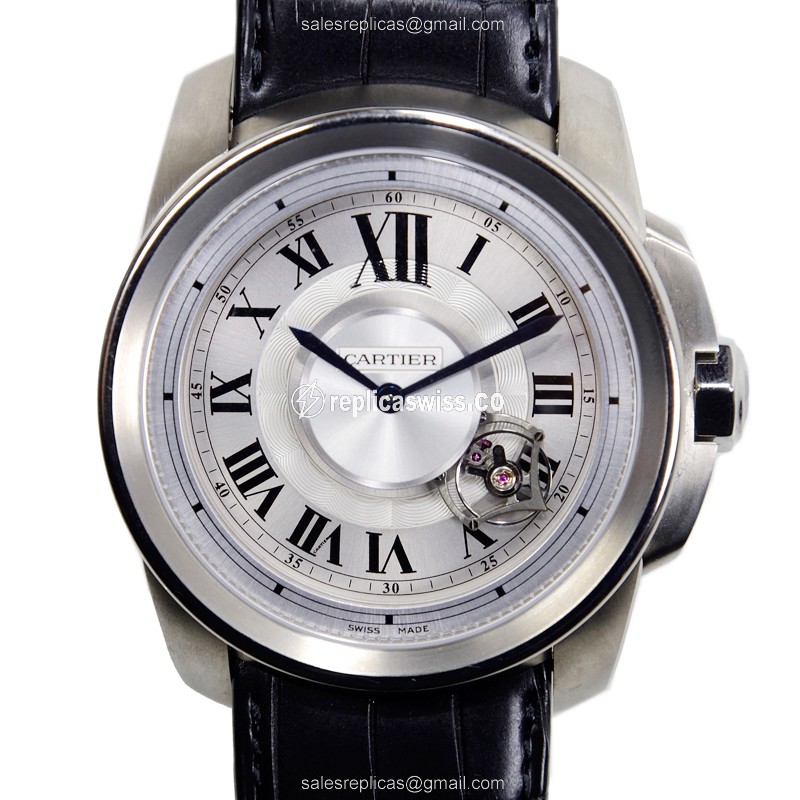 Luxurious Cartier W7100028 Titanium Manual Wind Replica Watch, White Dial, Alligator Strap