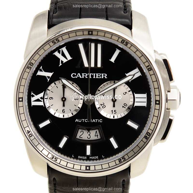 Luxurious Cartier W7100060 Replica Watch | Automatic Movement, Black Dial, Alligator Strap