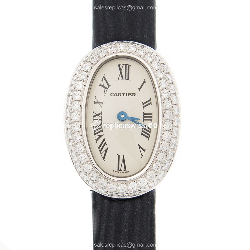Luxurious Cartier WB509531 Baignoire Quartz Replica, Exquisite White Gold & Black Silk Strapped