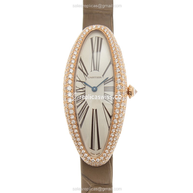 Luxurious Cartier WJBA0006 BAIGNOIRE Automatic, 18kt Rose Gold Dial & Alligator Strap, Sapphire