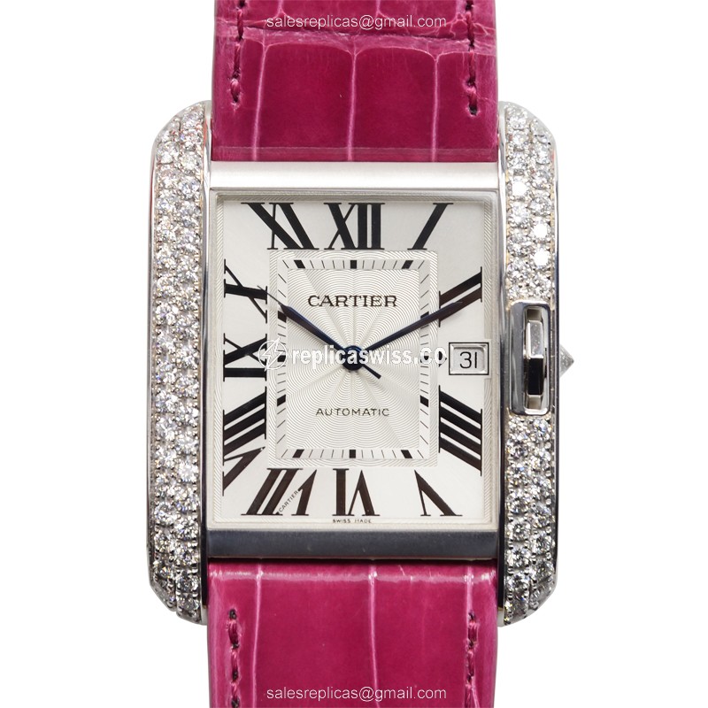 Luxurious Cartier WT100023 Tank Automatic Replica in 18kt White Gold with White Dial & Pink