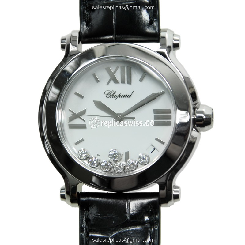 Luxurious Chopard Happy Sport 278475-3001 Replica, White Dial, Sapphire Crystal, Black Alligator