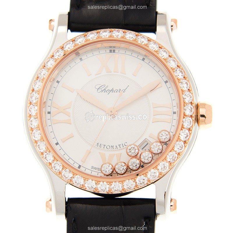 Luxurious Chopard Happy Sport Replica in 18kt Rose Gold & Diamond Bezel, Automatic Movement &
