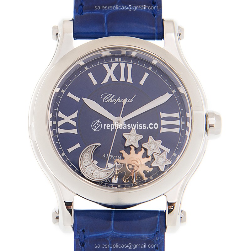 Luxurious Chopard Happy Sport Replica in Blue Dial & Stainless Steel Case, Automatic Movement Watch
