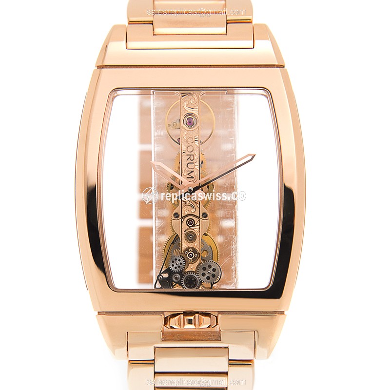 Luxurious Corum 113.160.55/V100 BRIDGE Manual Wind, 18kt Gold Case, Transparent Dial Watch
