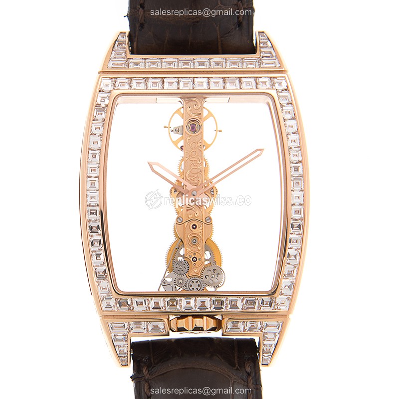 Luxurious Corum 113.169.85/0002 Golden Bridge Replica, Manual Wind, 18kt Rose Gold Case & Alligator