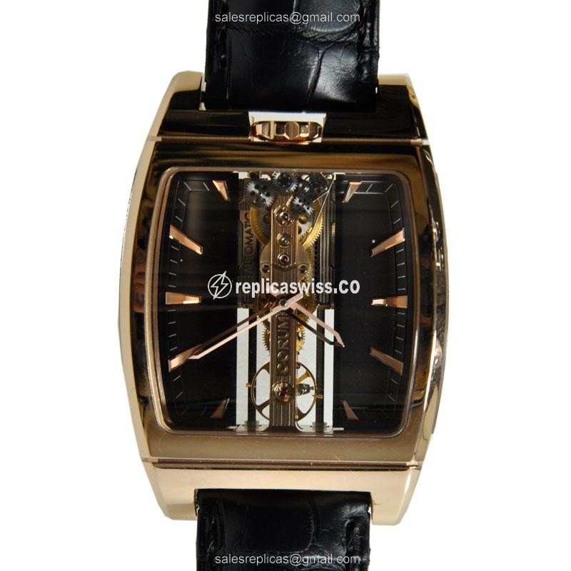Luxurious Corum Bridge Replica in 18kt Rose Gold, Automatic Movement & Black Alligator Strap Watch